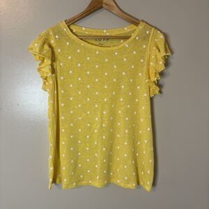 Loft 100% Linen Shirt Yellow Polka Dot Ruffle Sleeves Top Sz Large